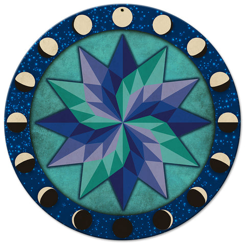 Moon Phases Pinwheel Blue-Green 14 x 14 Round Metal Sign
