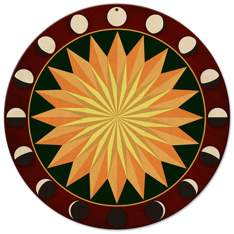 Moon Phases Starburst Red Green 14 x 14 Round Metal Sign