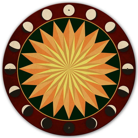 Moon Phases Starburst Red-Green 28 x 28 Round Metal Sign
