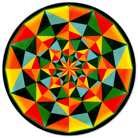 Arabesque Quilt Green Orange 14 x 14 Round Metal Sign