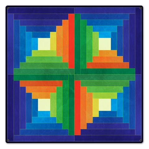 Log Cabin Blue Green Orange 24 x 24 Custom Shape Metal Sign