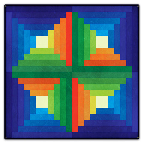 Log Cabin Blue Green Orange 36 x 36 Custom Shape Metal Sign