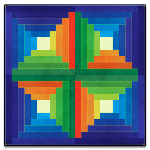 Log Cabin Blue Green Orange 18 x 18 Custom Shape Metal Sign