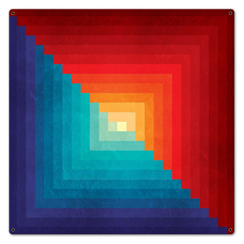 Log Cabin One Square Blue Orange 24 x 24 Custom Shape Metal Sign