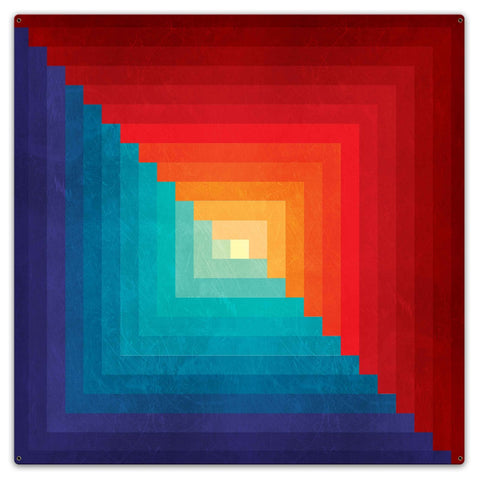 Log Cabin One Square Blue Orange 36 x 36 Custom Shape Metal Sign