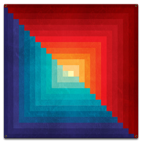 Log Cabin One Square Blue Orange 18 x 18 Custom Shape Metal Sign