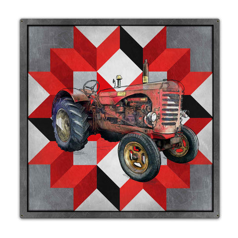 Tractor Quilt 36 x 36 Custom Shape Metal Sign