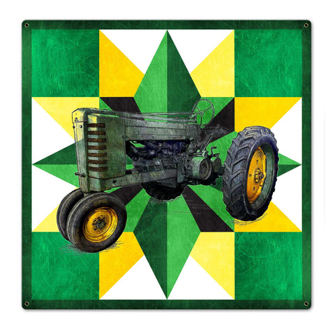 Tractor Quilt Green Yellow 24 x 24 Custom Shape Metal Sign