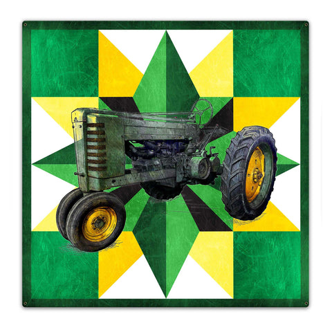 Tractor Quilt Green Yellow 36 x 36 Custom Shape Metal Sign