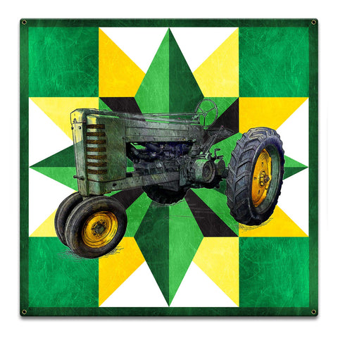Tractor Quilt Green Yellow 18 x 18 Custom Shape Metal Sign