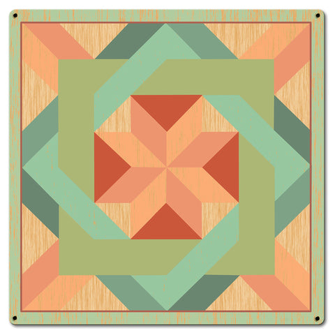 Box In Box Quilt Green 18 x 18 Custom Shape Metal Sign