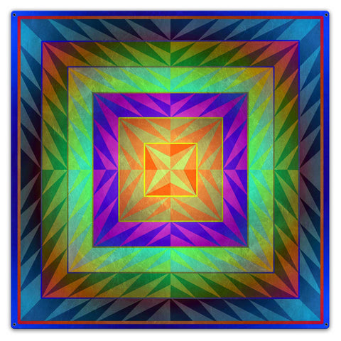 Reverse Triangle Quilt Blue Mag Orange 36 x 36 Custom Shape Metal Sign