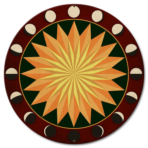 Moon Phases Hex Sign Multi Starburst Red Green 18 x 18 Custom Shape Metal Sign