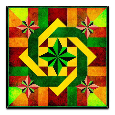 Five Square Orange Green Brown Quilt 18 x 18 Custom Shape Metal Sign