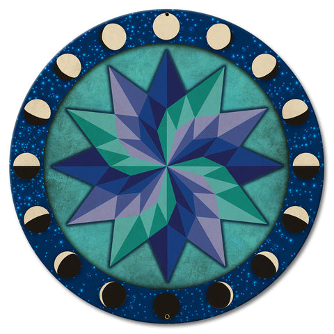 Moon Phases Hex Sign Pinwheel Blue Green 18 x 18 Custom Shape Metal Sign