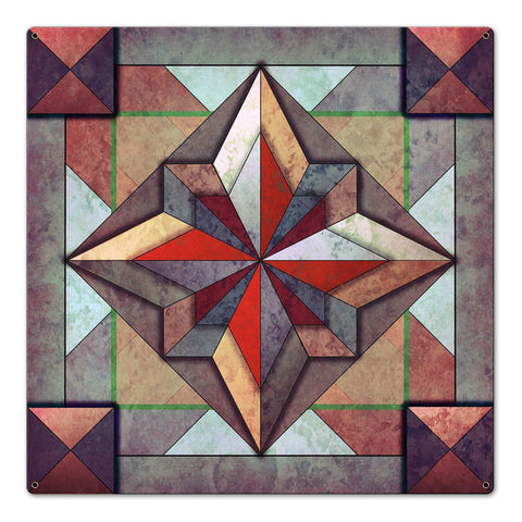 8 Point Quilt Earthtones Red Brown 24 x 24 Custom Shape Metal Sign