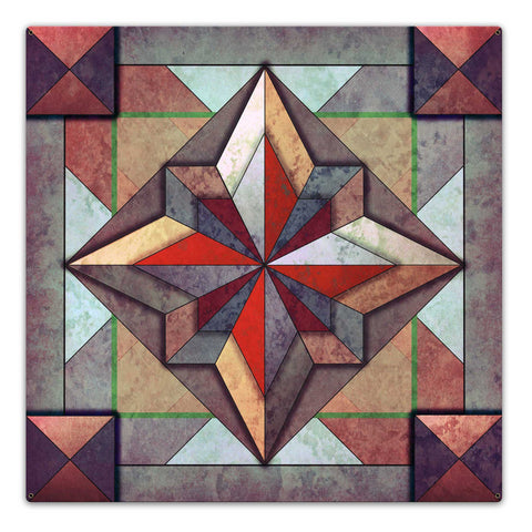 8 Point Quilt Earthtones Red Brown 36 x 36 Custom Shape Metal Sign