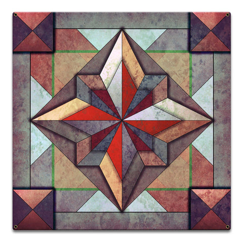 8 Point Quilt Earthtones Red Brown 18 x 18 Custom Shape Metal Sign
