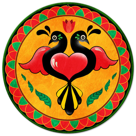 Birds Heart Hex Sign 14 x 14 Round Metal Sign