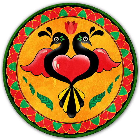 Birds Heart Hex Sign 28 x 28 Round Metal Sign