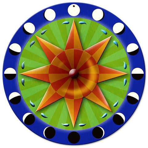 Eight Point Star Moon Phases Hex Sign 14 x 14 Round Metal Sign