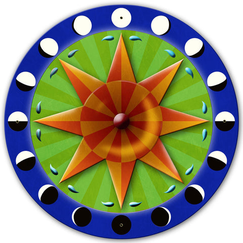 Eight Point Star Moon Phases Hex Sign 28 x 28 Round Metal Sign