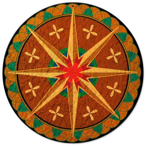 Eight Point Star Flowers Hex Sign 14 x 14 Round Metal Sign