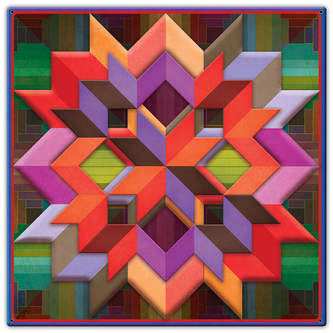 Box Log Cabin Blue Border 30 x 30 Custom Shape Metal Sign