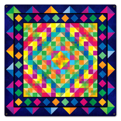 Squares Triangle Tapestry Look Blue 24 x 24 Custom Shape Metal Sign