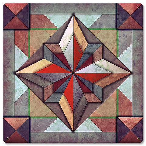 8 Point Quilt Earthtones Red Brown 12 x 12 Satin Metal Sign