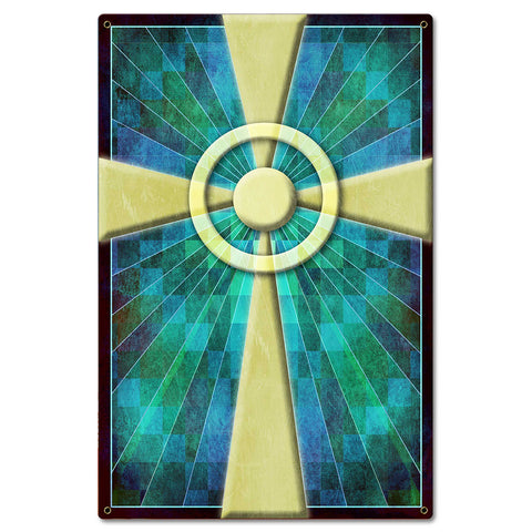 AQP692   Cross Quilt Stained Glass Blue Metal Sign