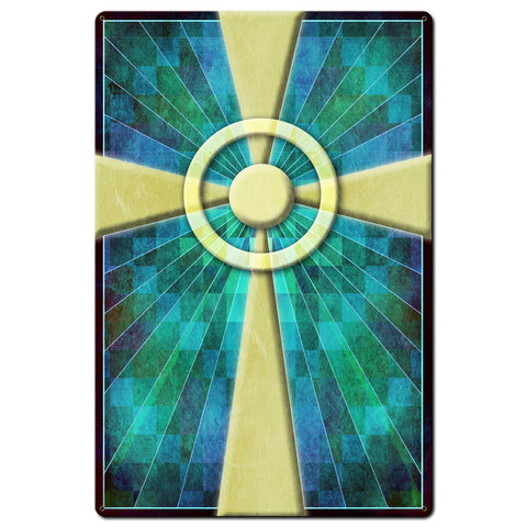 AQP693   Cross Quilt Stained Glass Blue Metal Sign