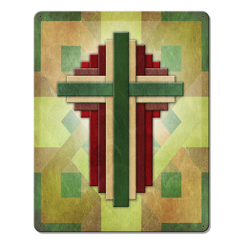 Cross Quilt Multiple Crosses Green Red Brown 12 X 15 vintage metal sign Metal Sign