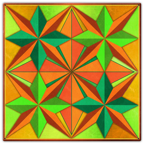 Four Eight Point Stars Blue Orange Green Metal Sign 30in X 30in Metal Sign