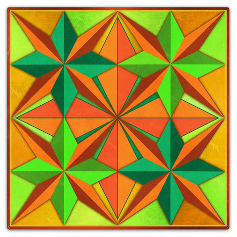 Four Eight Point Stars Blue Orange Green Metal Sign 36in X 36in Metal Sign