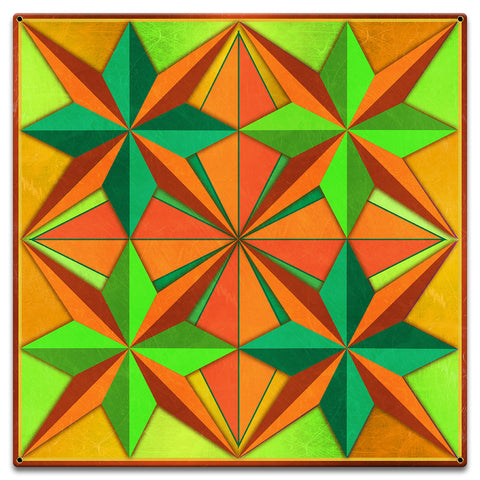 Four Eight Point Stars Blue Orange Green Metal Sign 18in X 18in Metal Sign