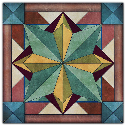 8 Point Quilt Aqua Burgundy Tones Metal Sign 18in X 18in Metal Sign