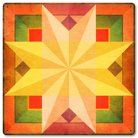 AQPB024   8 POINT STAR QUILT WARM COLORS Metal Sign