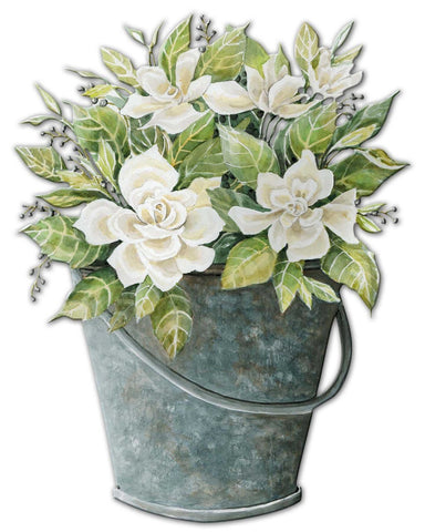 White Flowers Bucket Metal Sign