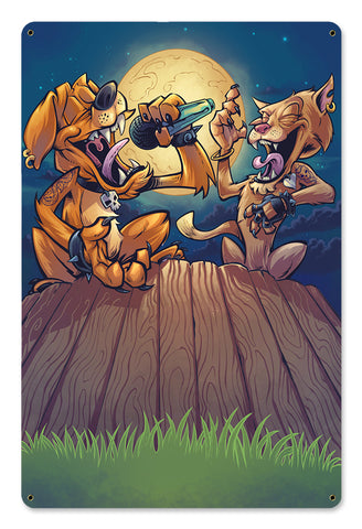 DOG N CAT ON FENCE Vintage Sign Metal Sign