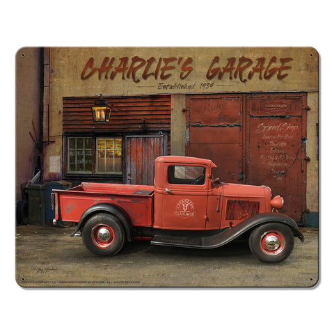 Charlie's Garage Metal Sign 15in X12in Metal Sign