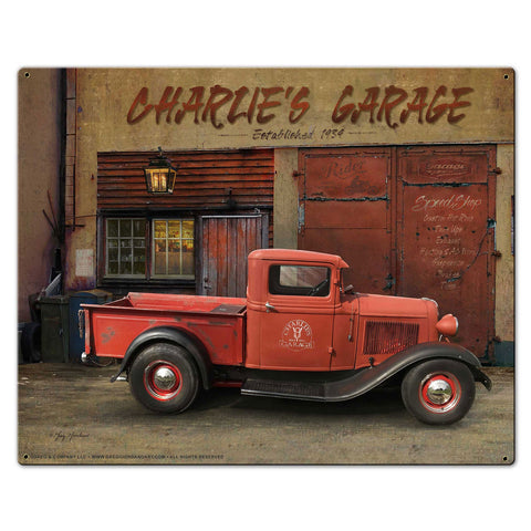 Charlie's Garage Metal Sign 30in X24in Metal Sign