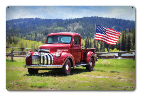 Red-Truck-American-Flag-Vintage-Sign-Metal-Sign