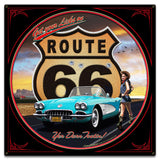 Route 66 Girl Metal Sign 18in X 18in Metal Sign