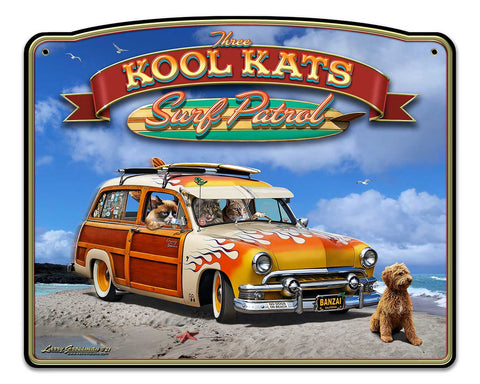 3 Kool Kats and Dog 22 x 18 Custom Shape Metal Sign