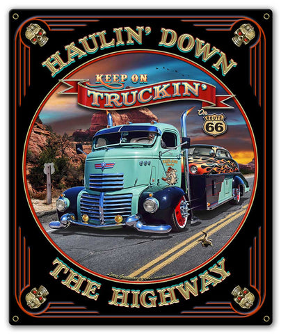 Haulin' Down Highway 15 x 18 Custom Shape Metal Sign