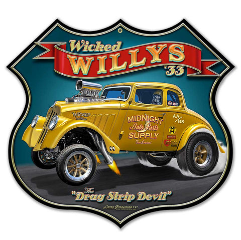 Wicked 1933 Willy's Shield 18 x 17 Custom Shape Metal Sign