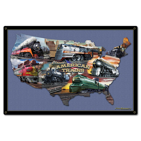 CLASSIC AMERICAN TRAINS COLLAGE MAP 24 x 16 Satin Metal Sign
