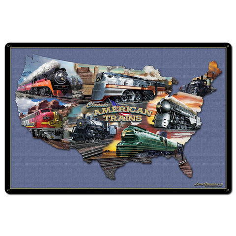 CLASSIC AMERICAN TRAINS COLLAGE MAP 36 x 24 Satin Metal Sign