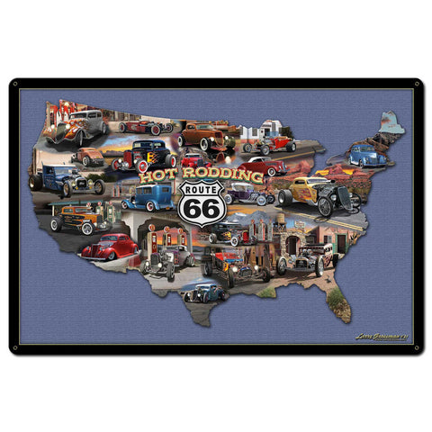 HOT RODDING ROUTE 66 MAP 36 x 24 Satin Metal Sign
